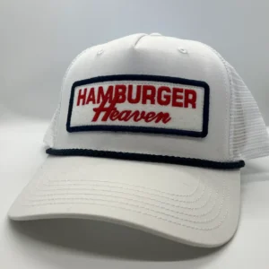 White cap with Hamburger Heaven logo